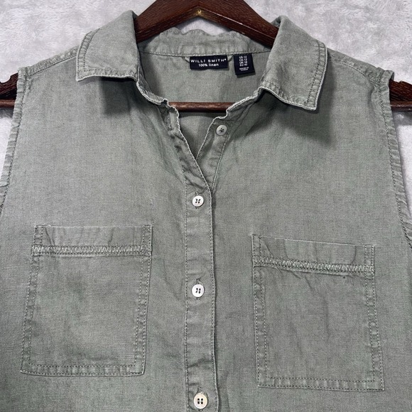 Willi Smith Dresses & Skirts - Willi Smith Women Dress 12 Green 100% Linen Mini Shirt Sleeveless Button Up